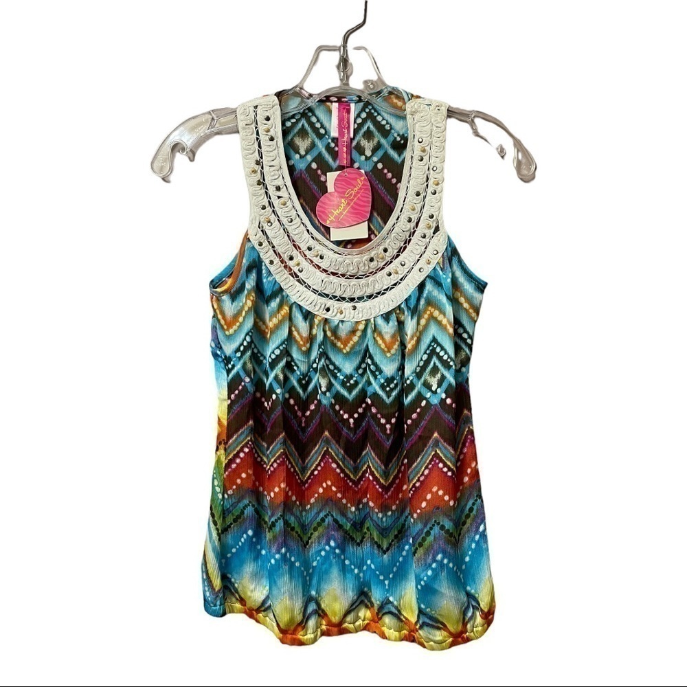 𝅺Y2k tribal beat embellished yoke multi color chevron print tank playful size XS